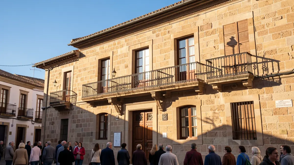 Facade of the Agüimes Town Hall with balcony and iron railings, afternoon sunlight.
