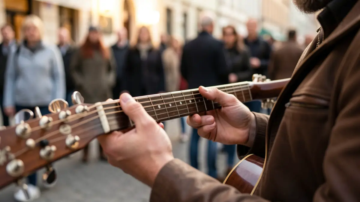 Close-up of hands playing a guitar, with warm lighting.