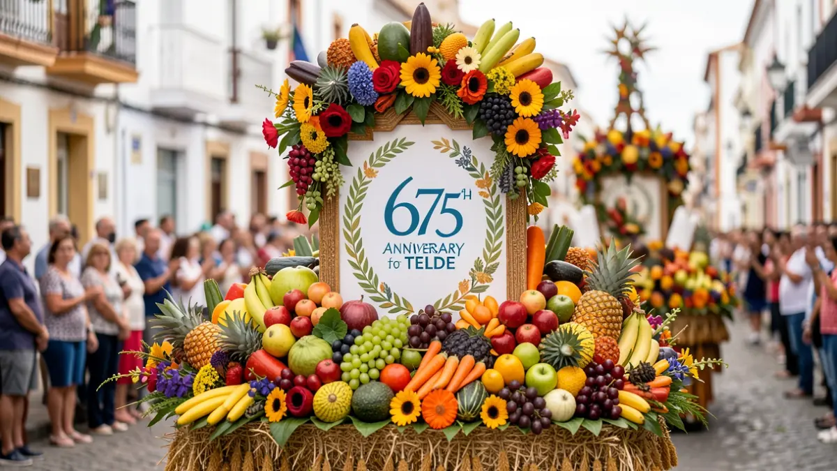 Telde's institutional float for the Romería del Pino, decorated with agricultural products and the 675th anniversary logo.