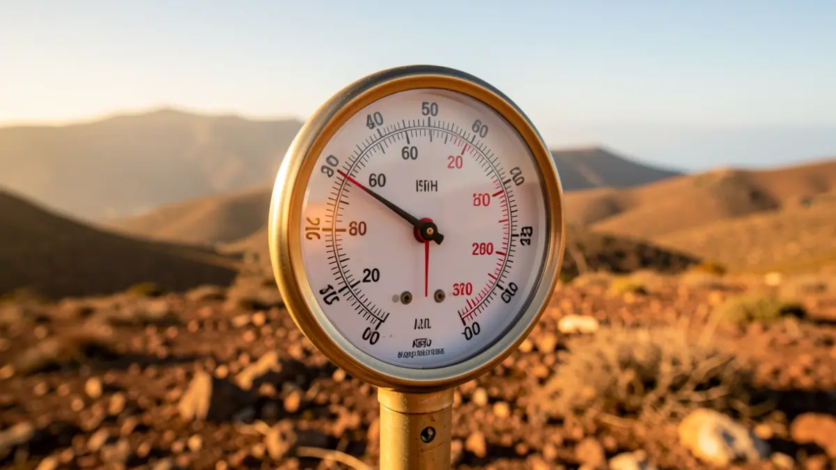 Termómetro marcando altas temperaturas en un paisaje seco de Canarias.