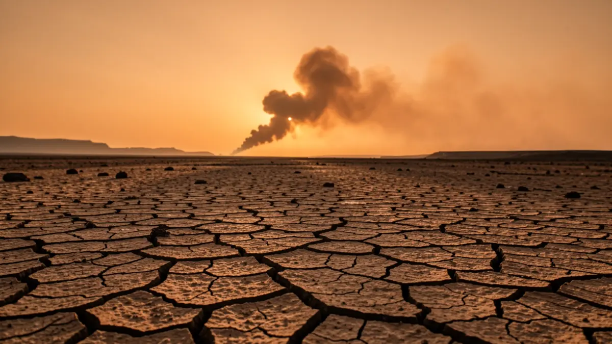 Dry, cracked landscape in the Canary Islands with a distant smoke plume under a hazy, orange sky, indicating fire risk.