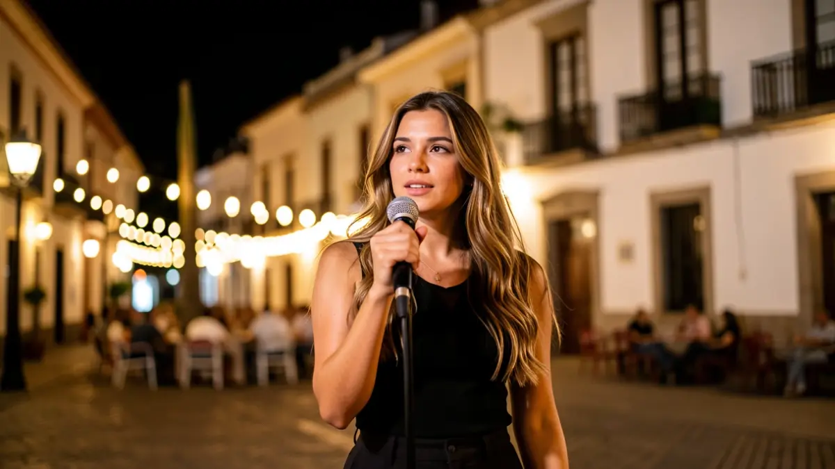 Generic image of a young artist performing on an outdoor stage at night.