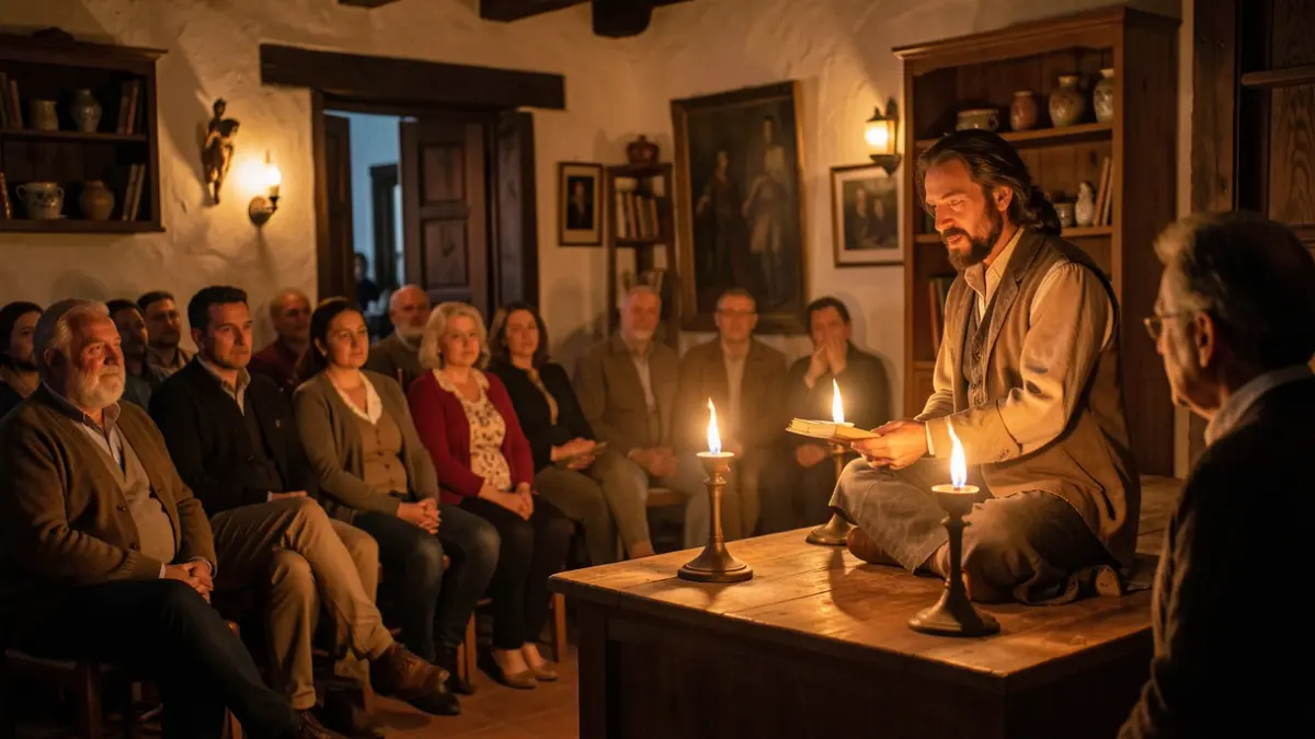 Imagen genérica de un evento de narración oral en una sala con candiles.