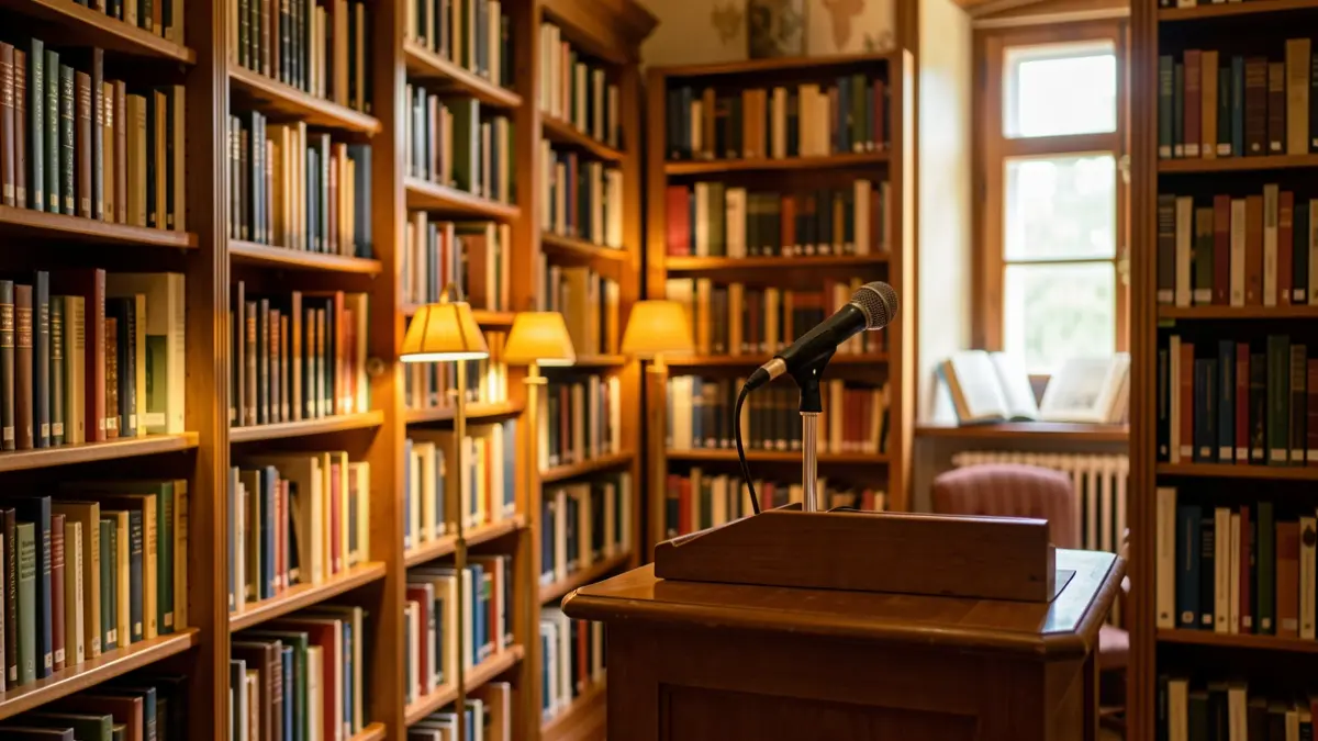 Generic image of a library with a microphone on a podium, evoking a storytelling event.