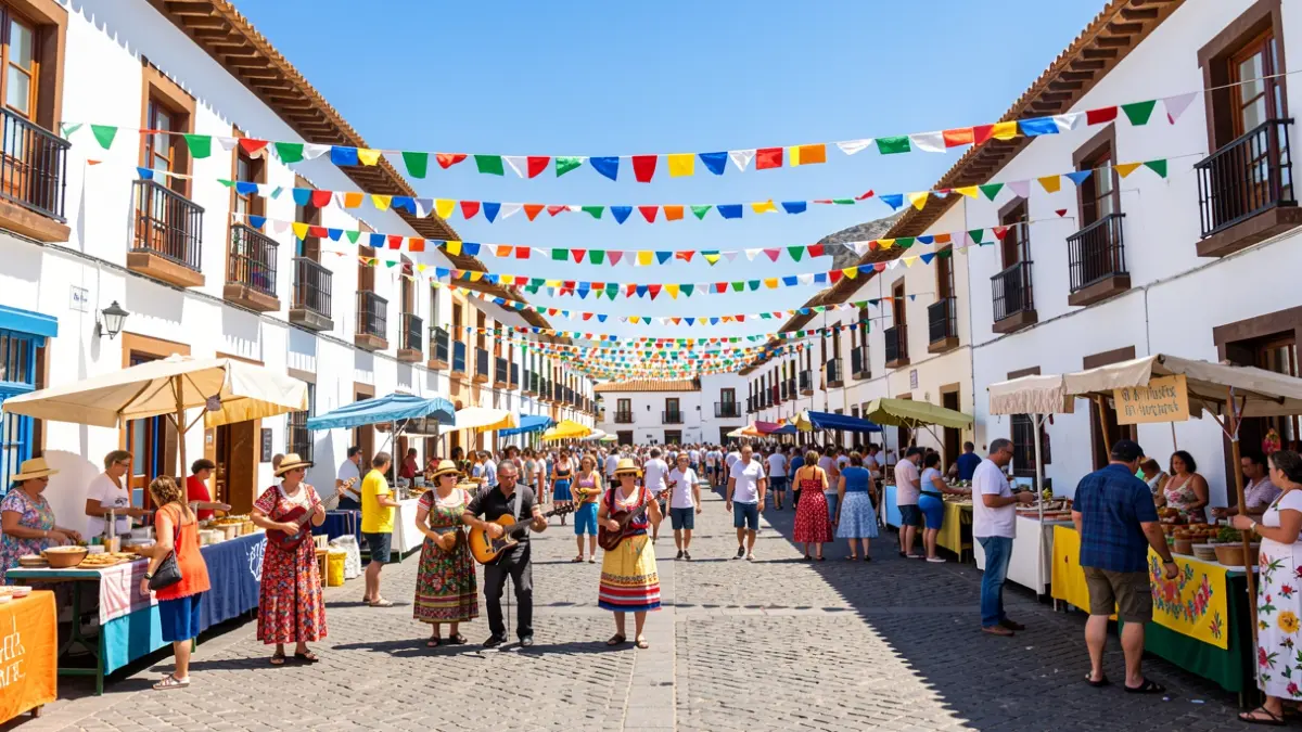 Antigua town square decorated for a local festival with people enjoying.