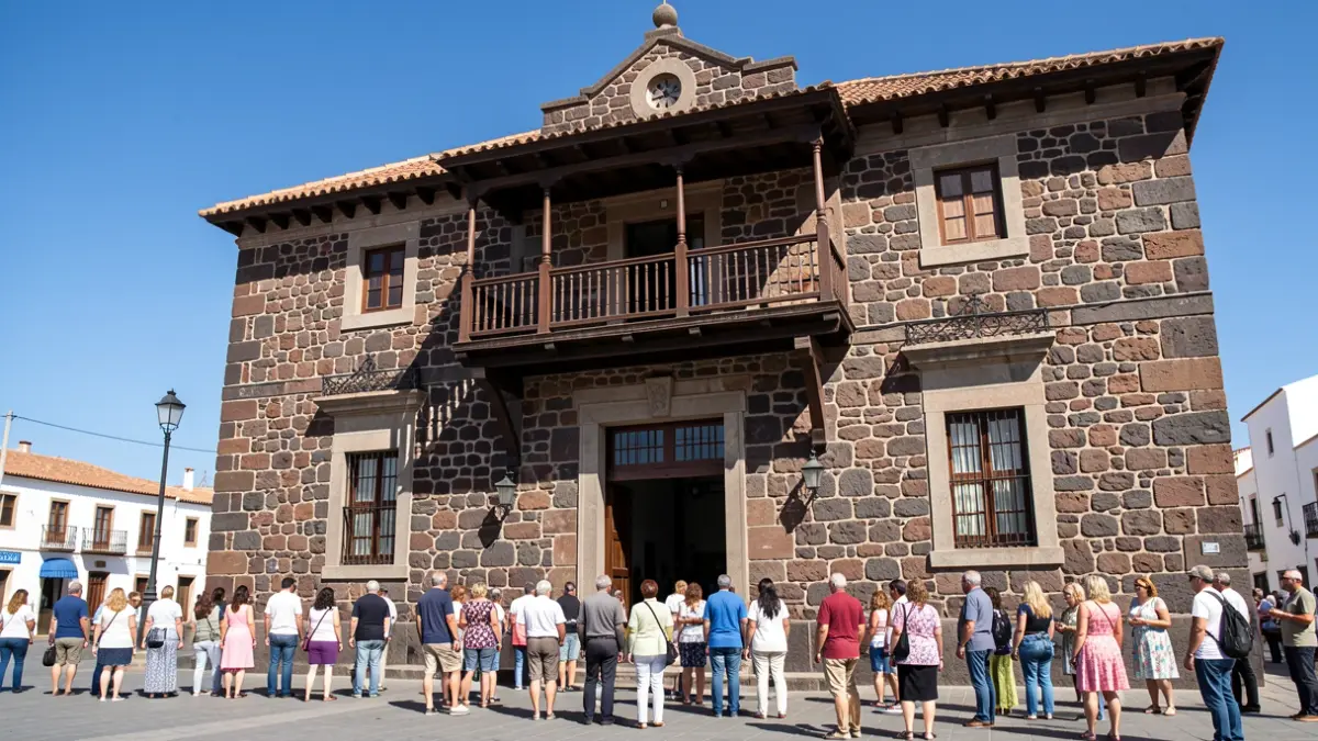 Facade of the Antigua Town Hall in Fuerteventura, a traditional Canarian building with stone walls and a wooden balcony, under a clear blue sky.