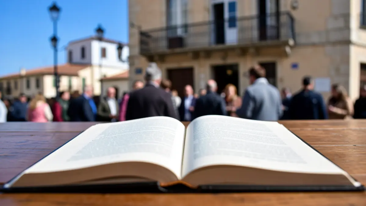 Imagen de un libro abierto sobre un escritorio con el Ayuntamiento de Antigua desenfocado al fondo.