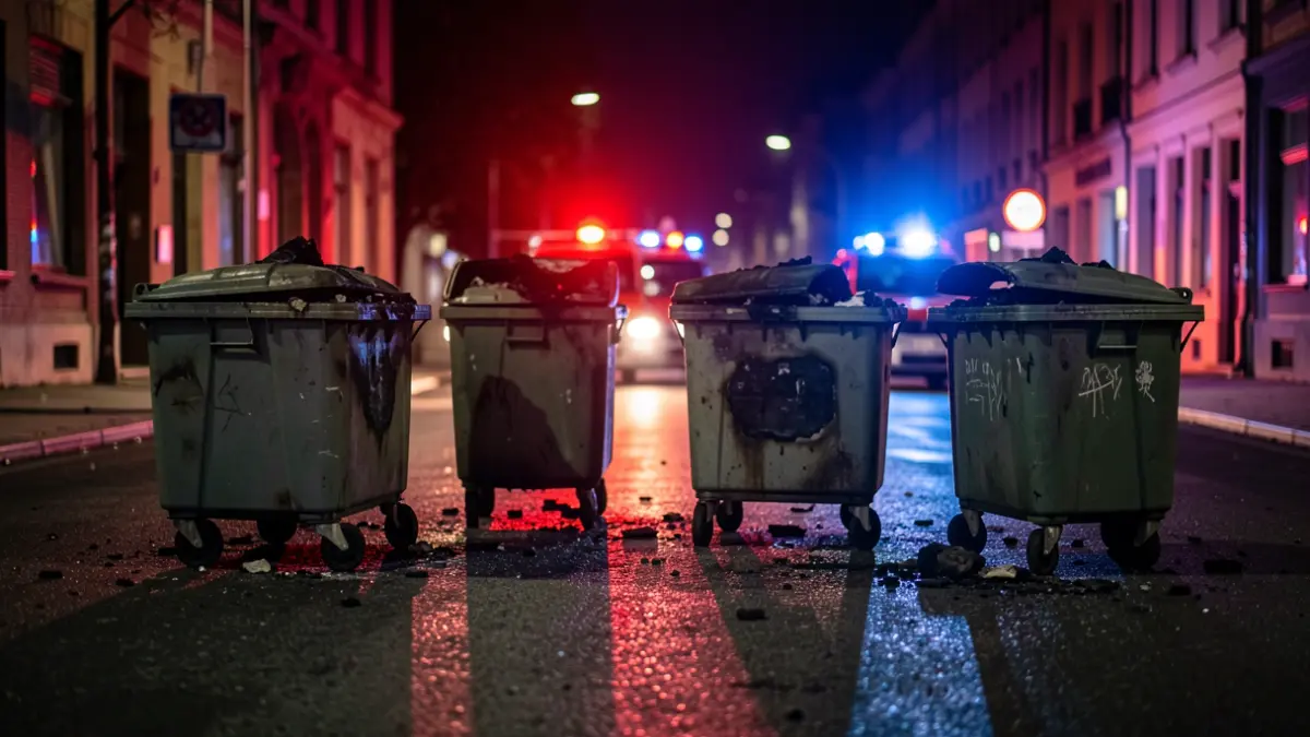 Generic image of burnt trash containers at night with emergency lights.