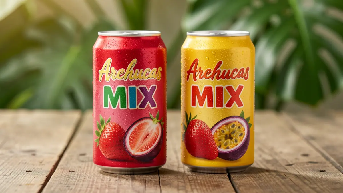 Cans of the new Arehucas MIX ready-to-drink beverage in strawberry and passion fruit flavors.