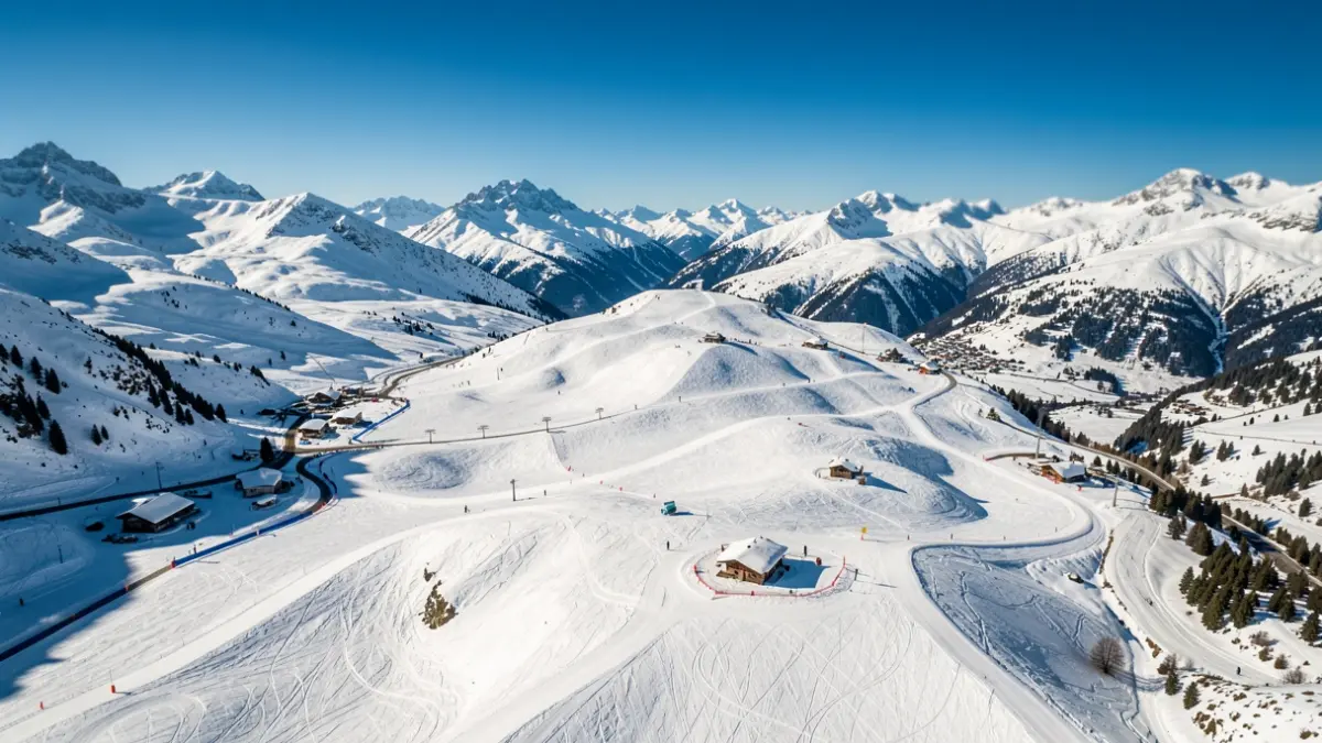 Vista aérea de una estación de esquí en los Pirineos con pistas nevadas.