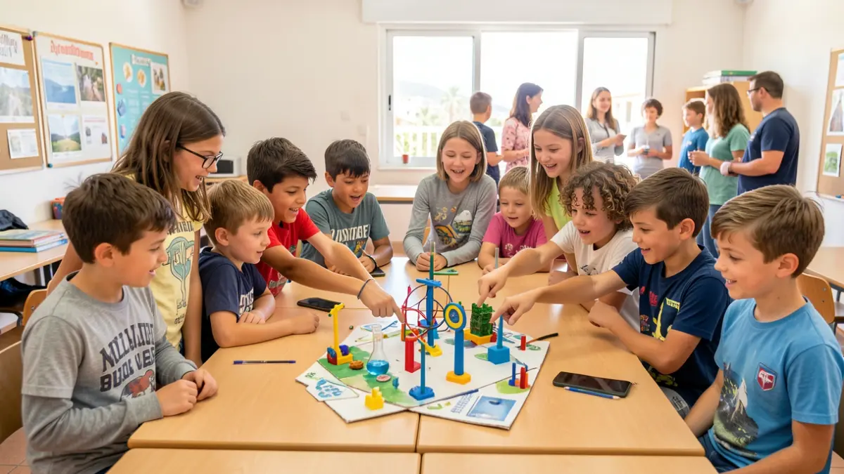 Elementary and middle school students working on a science project about tourism and the environment in Arona.