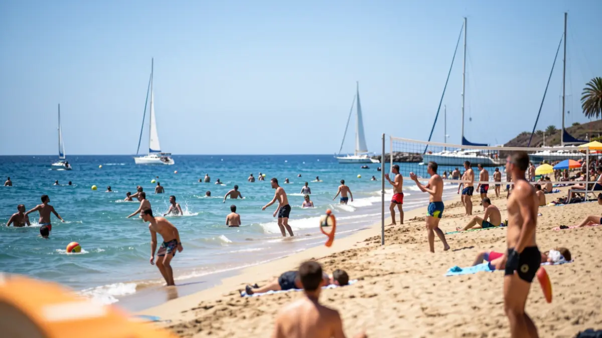 Image of various summer sports activities in Arona, Tenerife, featuring participants in swimming, beach volleyball, and sailing.