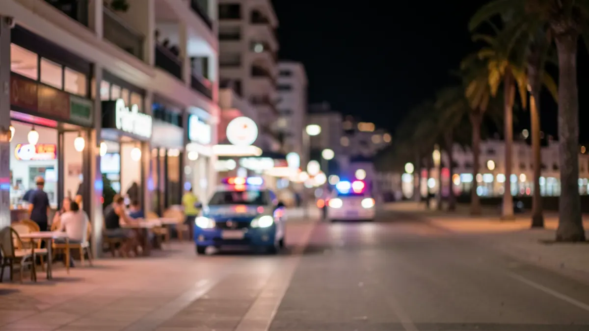 Generic image of nightlife in Playa de Las Américas with establishment lights and police presence.