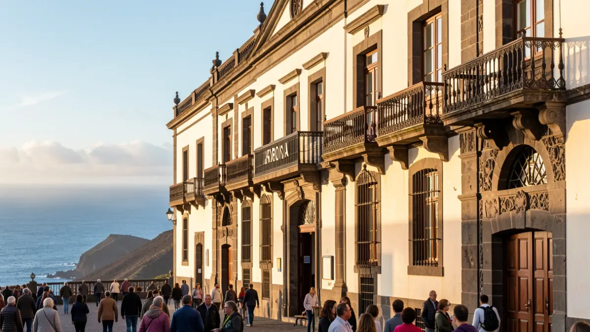 Fachada del Ayuntamiento de Arona con arquitectura tradicional canaria y balcón ornamentado.