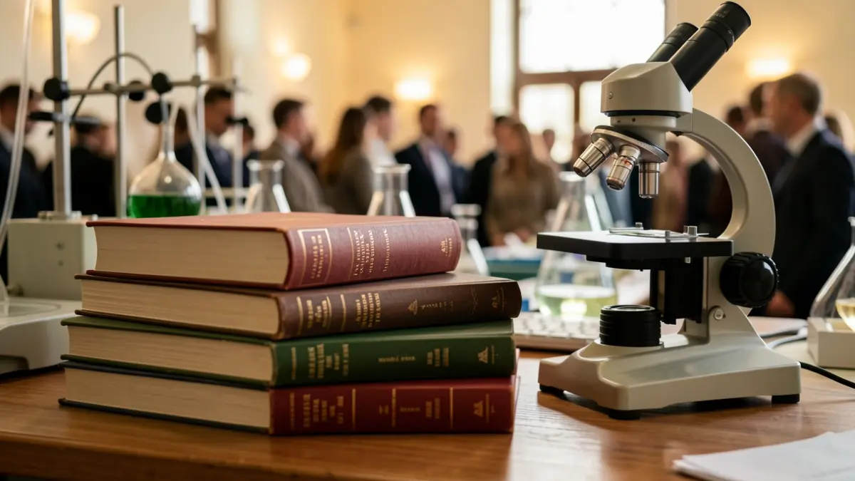 Libros académicos y microscopio sobre un escritorio, con equipo de laboratorio desenfocado al fondo.