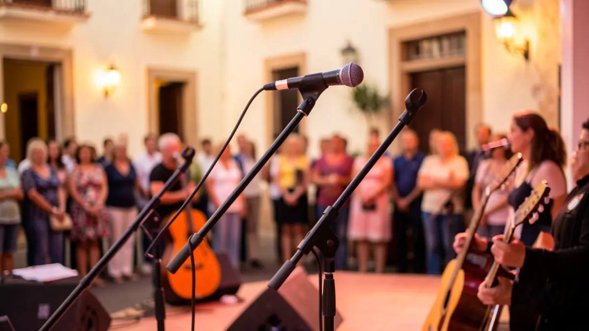 Imagen genérica de un evento cultural con micrófono y guitarra en un escenario.