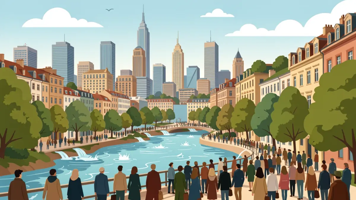 Illustration of a multispecies city with buildings integrated into nature.