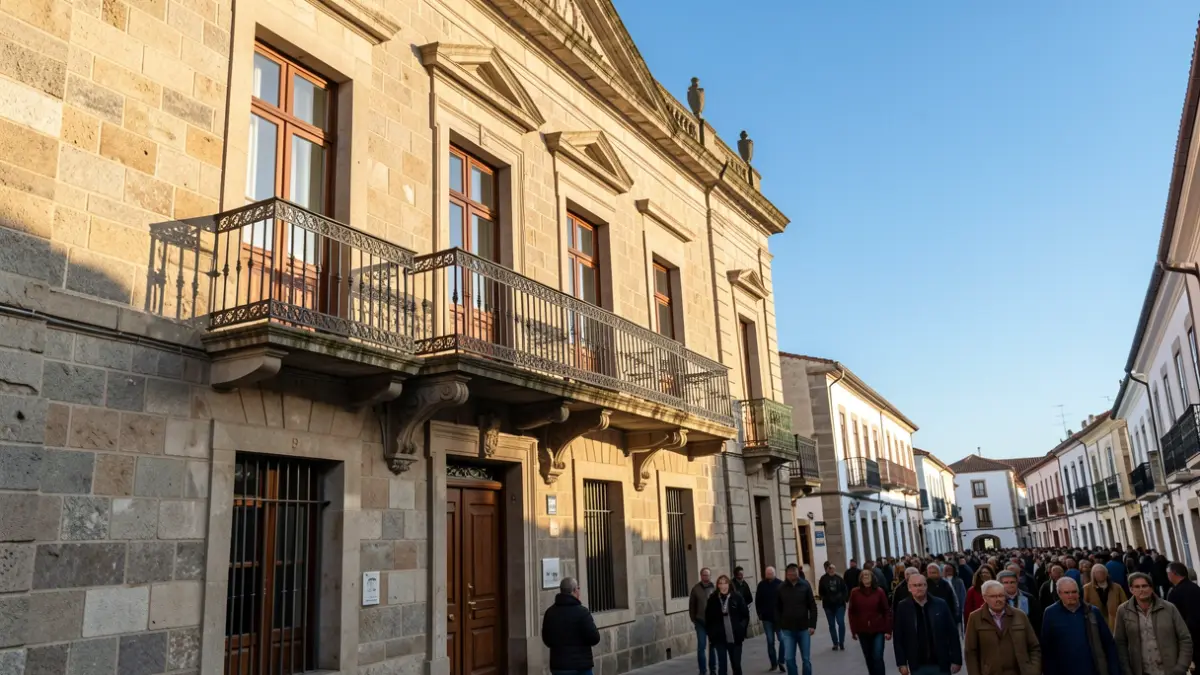 Fachada de un ayuntamiento canario de piedra con balcón de hierro, bajo la luz del sol de la tarde.