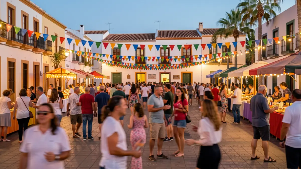 Arrecife town square during a local festival with colorful decorations and people enjoying themselves.