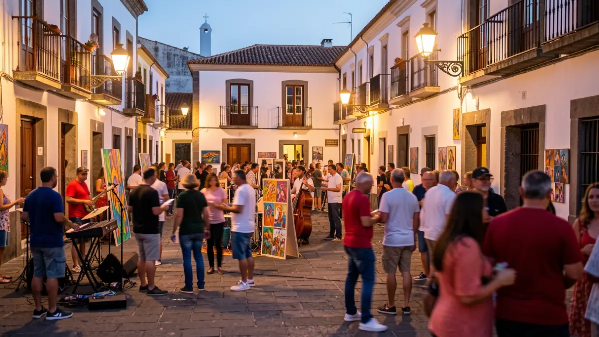 Imagen de un evento cultural en una plaza histórica de Canarias al atardecer, con gente disfrutando de música y arte.