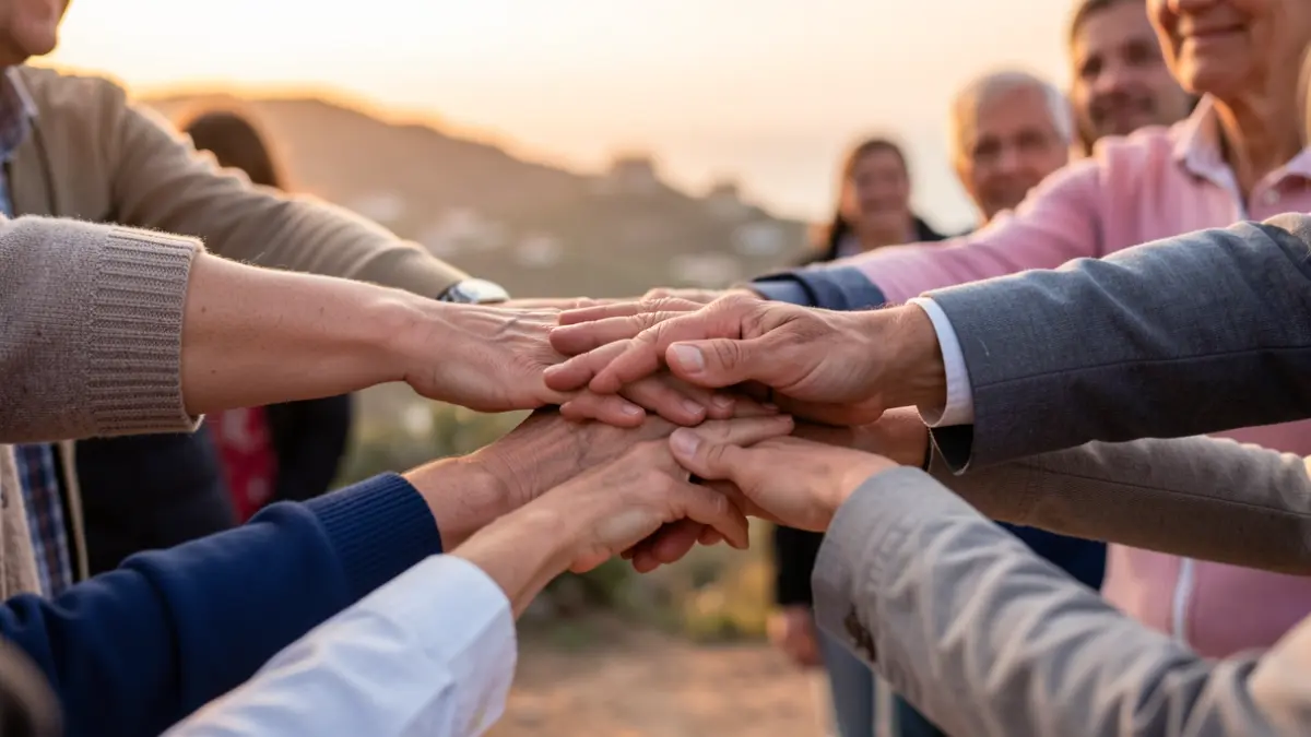 Hands of different ages intertwined in a gesture of support.