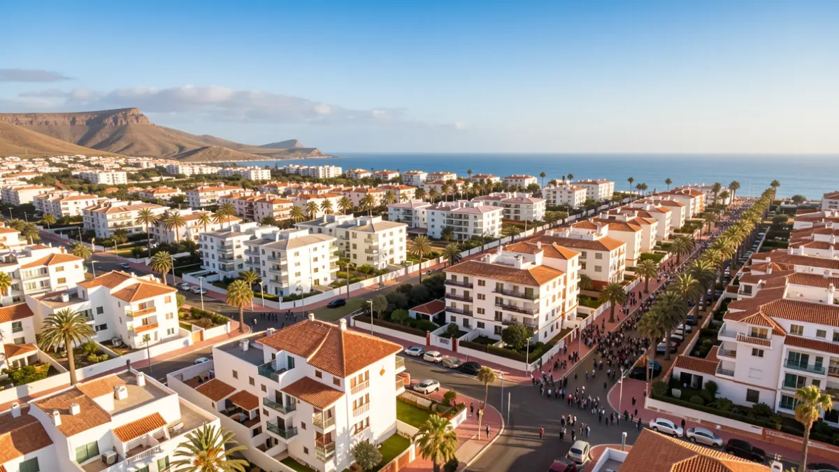 Aerial view of a residential neighborhood in Arrecife with new constructions.