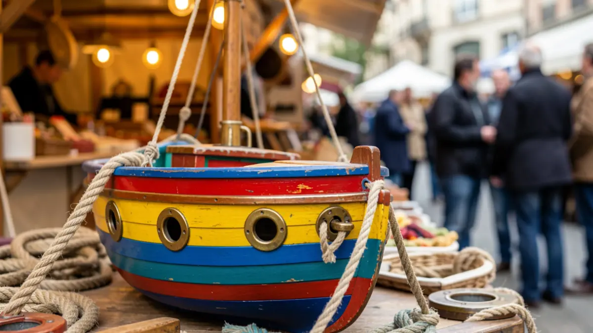 Close-up of a traditional and colorful 'jolatero', a small tin boat, with nautical details around it, at a craft fair stand.