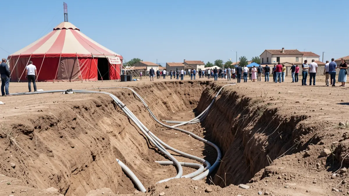 Image of a trench with underground pipes next to a circus in Arrecife.