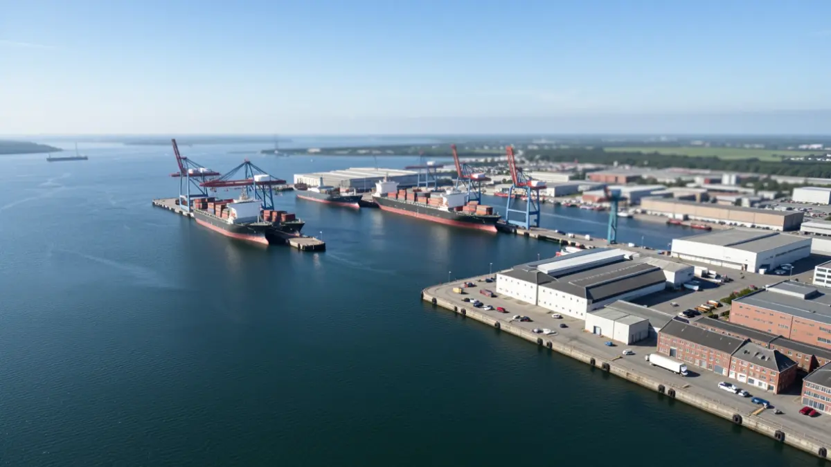 Aerial view of a port with ships and cranes.