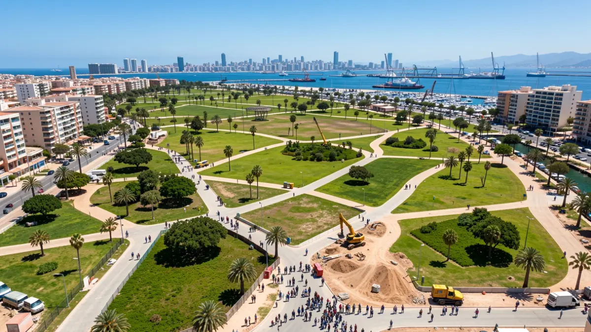 Vista aérea de las obras de construcción del Parque Urbano del Puerto de Las Palmas.