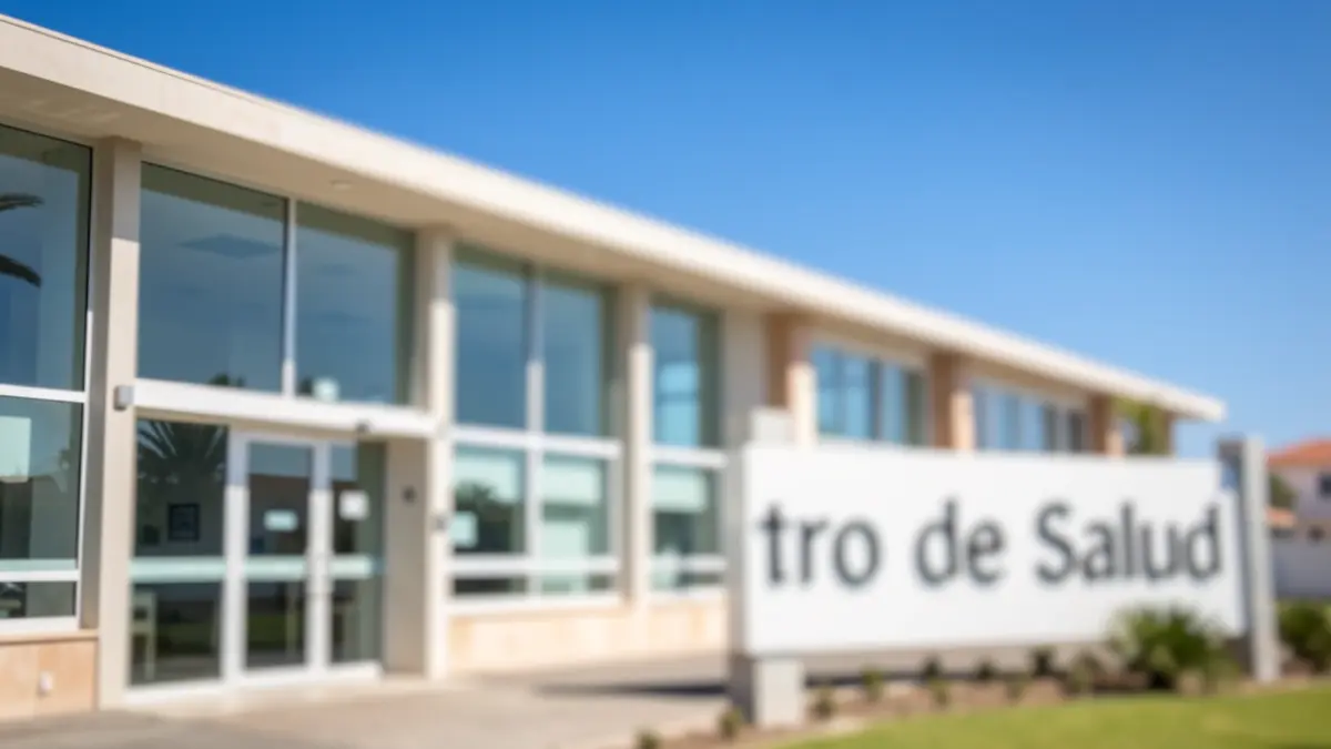 Fachada del Centro de Salud de Tacoronte con cielo azul y señalización genérica.