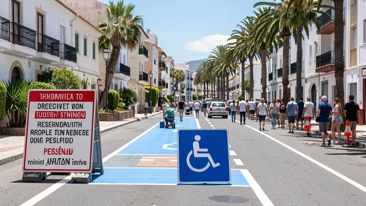 Road painting work on Jupiter Street in Arona, with informative signs and affected parking spaces.