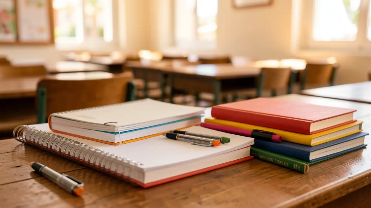 Various school supplies on a wooden desk with a blurred classroom in the background.