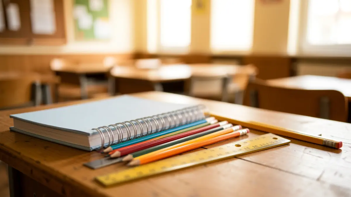 Suministros escolares sobre un escritorio de madera en un aula.