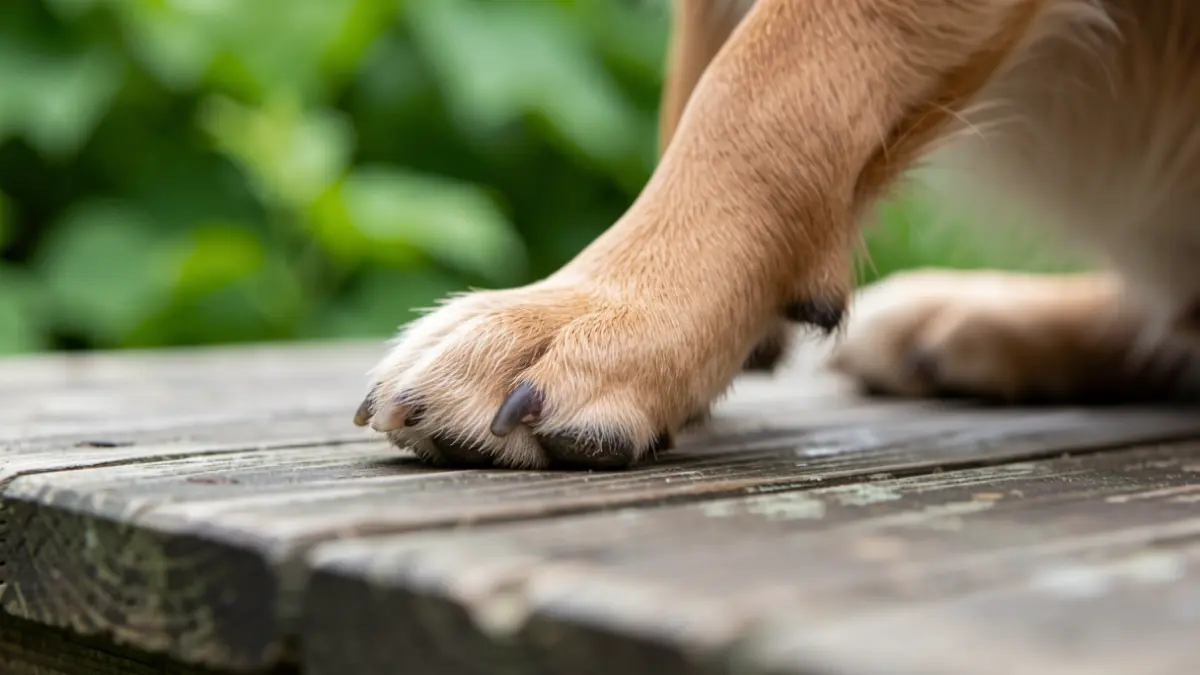 Close-up of a dog's paw on wood, with blurred vegetation in the background.