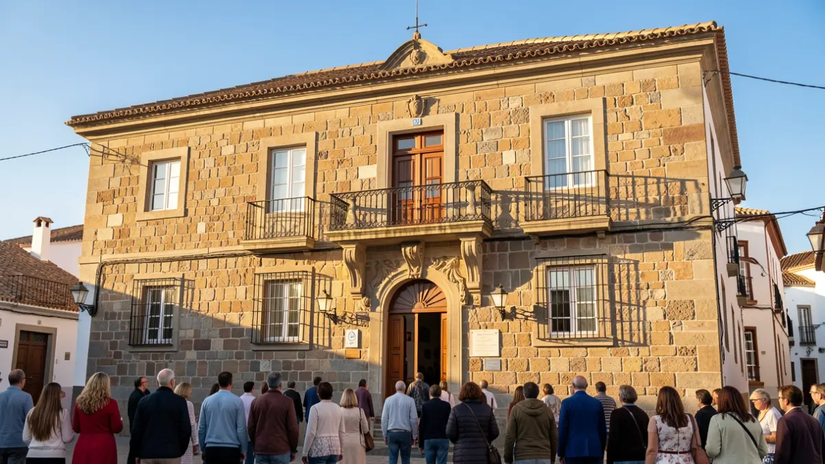 Fachada de un ayuntamiento canario tradicional con balcón de piedra y sol de tarde.