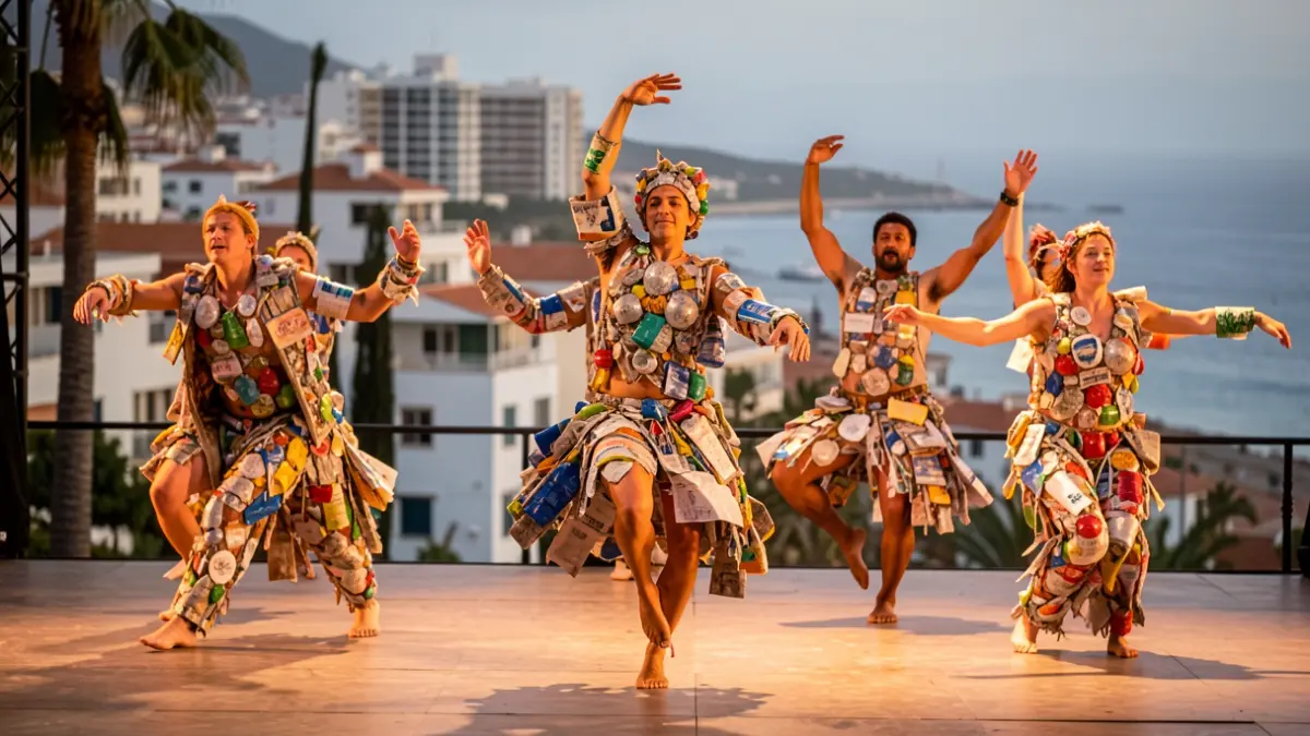 Imagen de una actuación de danza-teatro ecofeminista con vestuario de reciclaje en Las Palmas de Gran Canaria.