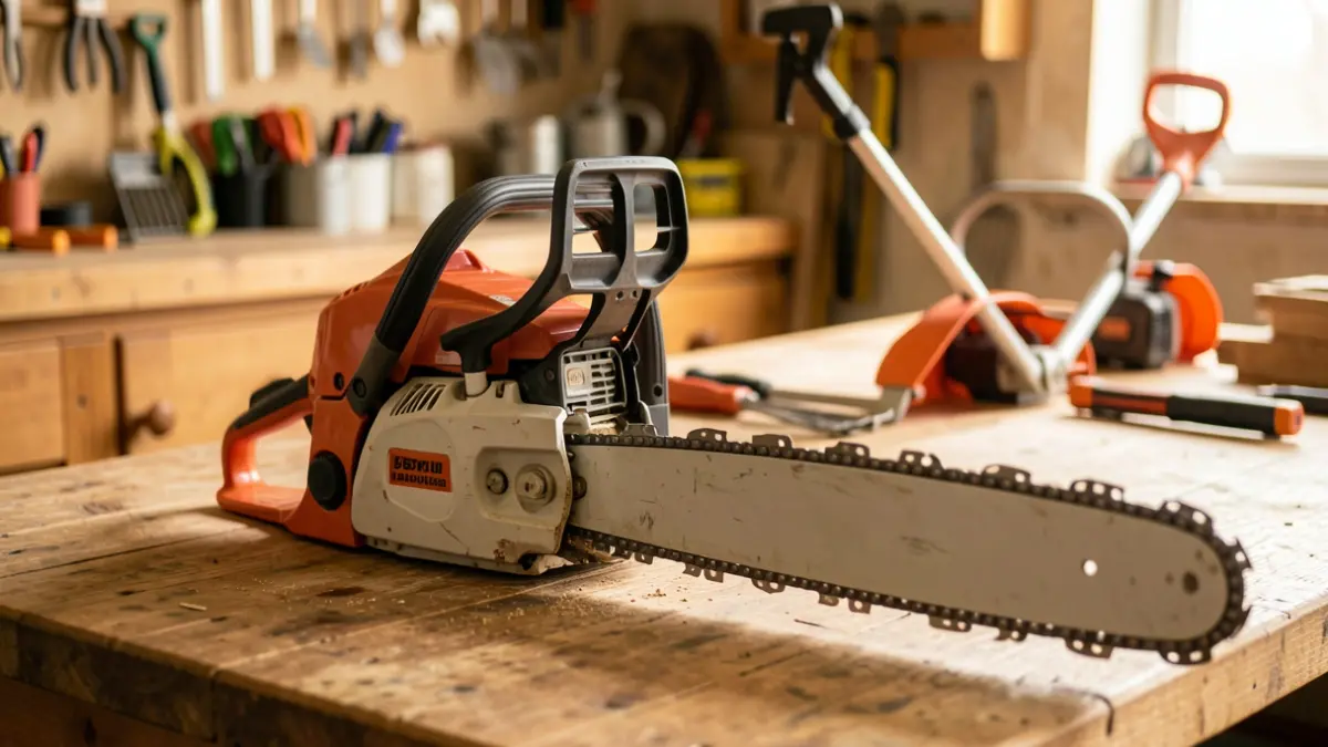 Image of a chainsaw and a brush cutter on a workbench.