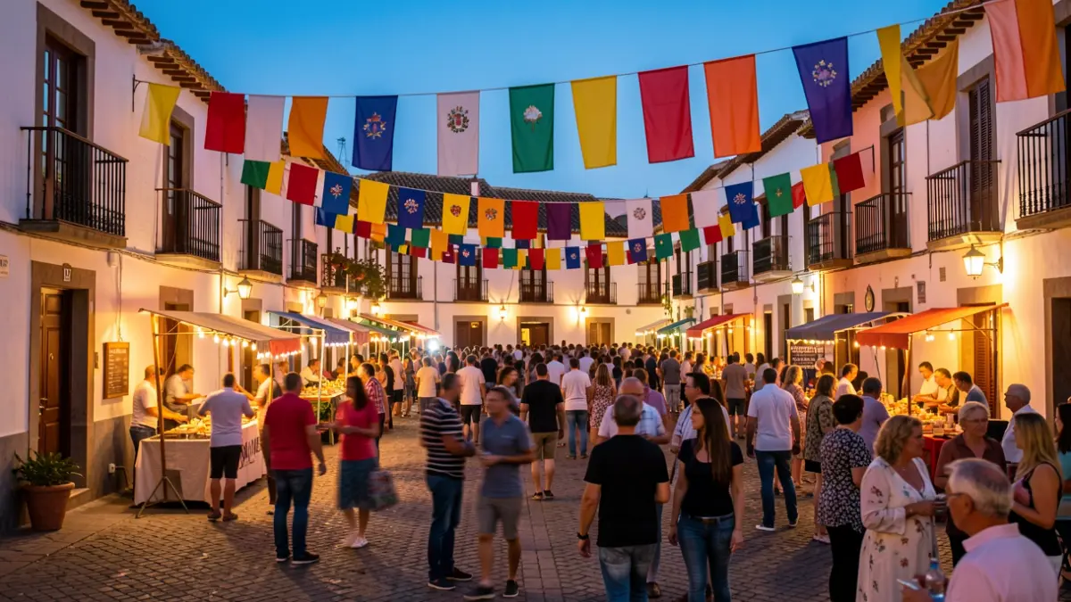 Imagen genérica de una plaza de pueblo canario celebrando una fiesta popular al atardecer.