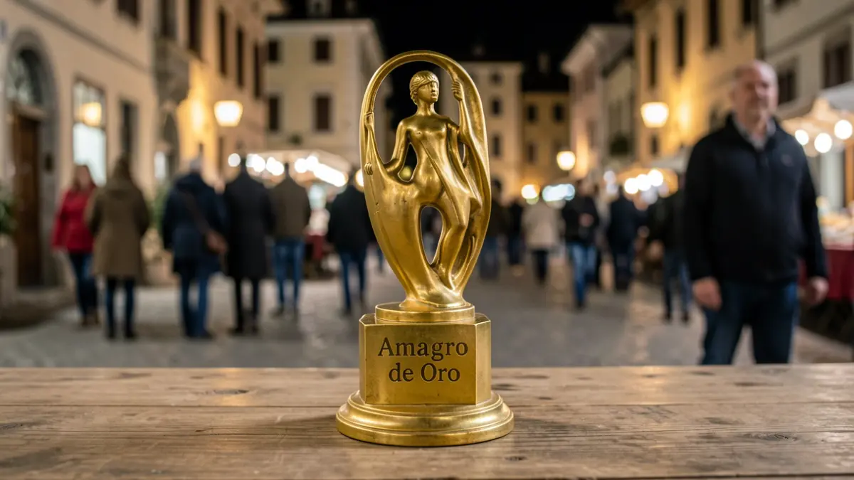 First 'Amagro de Oro' trophy on a table, with a blurred background of a night square.