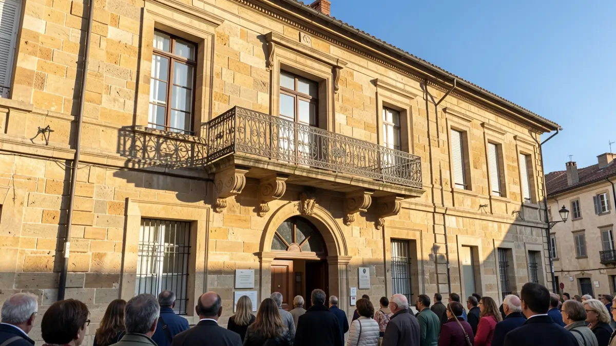 Fachada de un ayuntamiento tradicional de piedra con balcón de hierro forjado, bajo la luz del sol de la tarde.