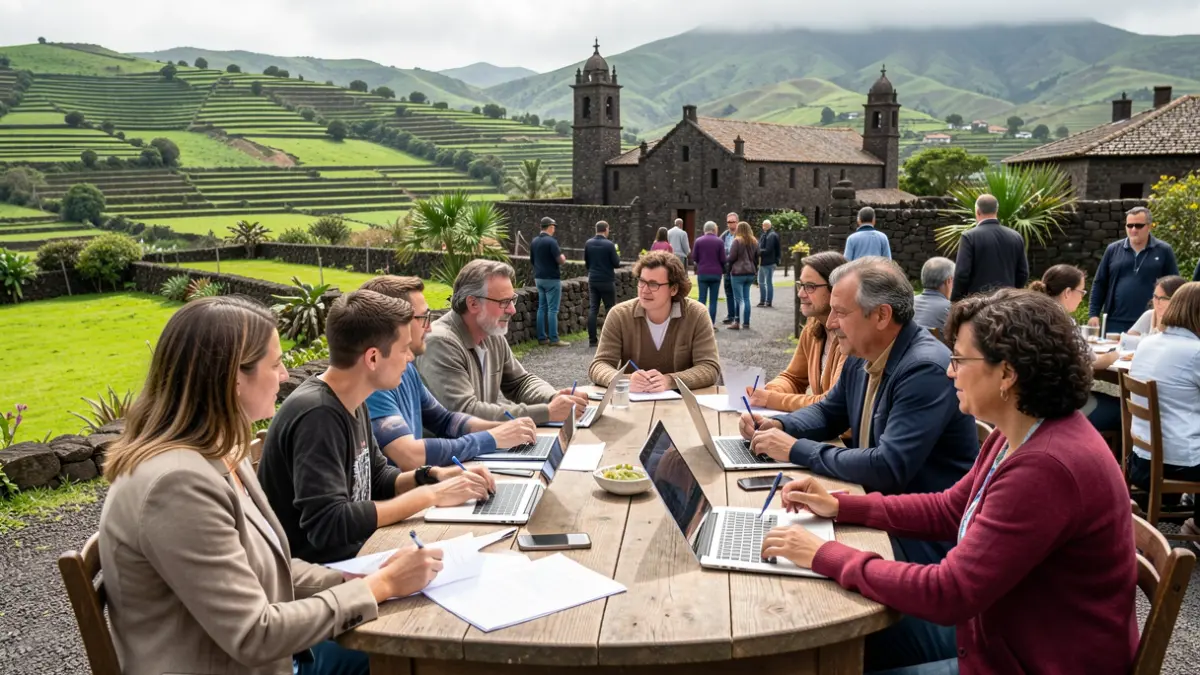 Generic image of people participating in a conference on rural development and agroecology in a Canarian setting.