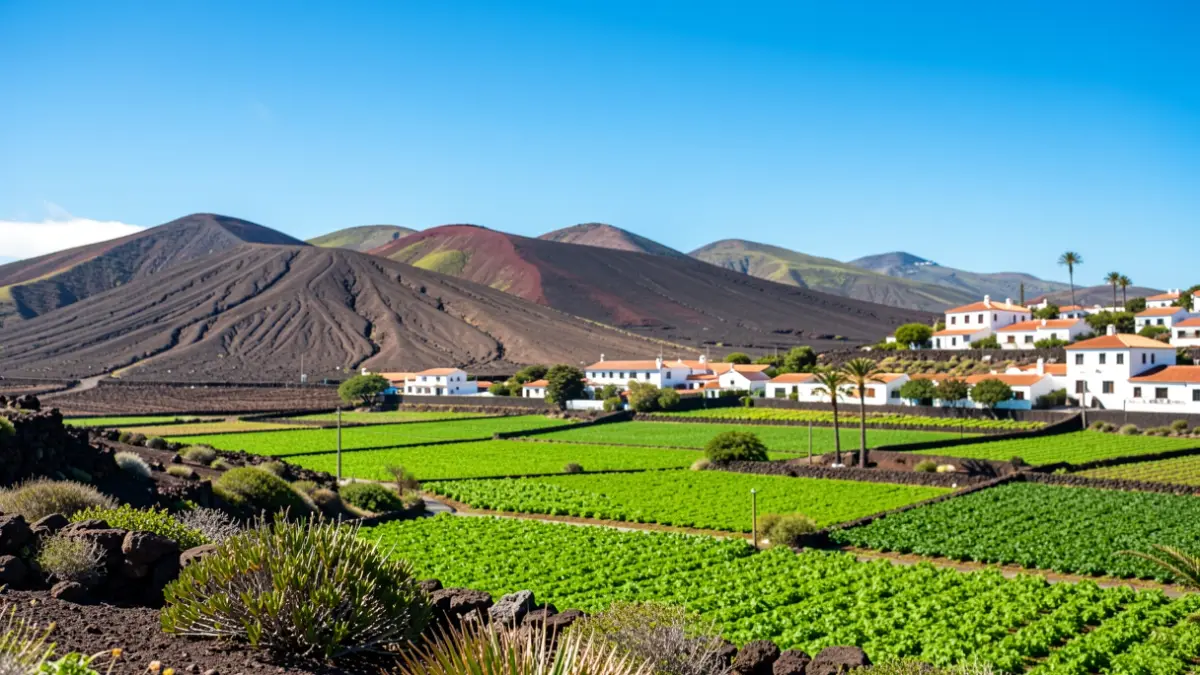 Panoramic view of Buenavista del Norte, Tenerife, with volcanic landscapes and agricultural fields.