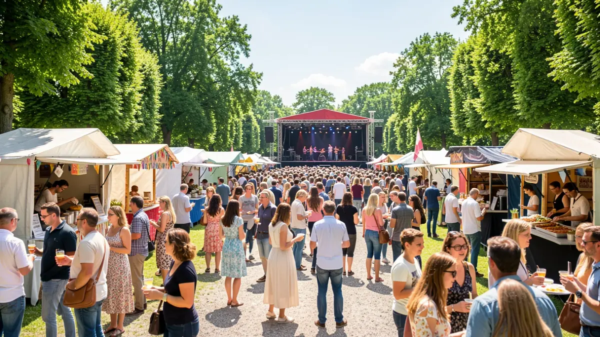 Generic image of an outdoor food festival with crowds and food stalls.