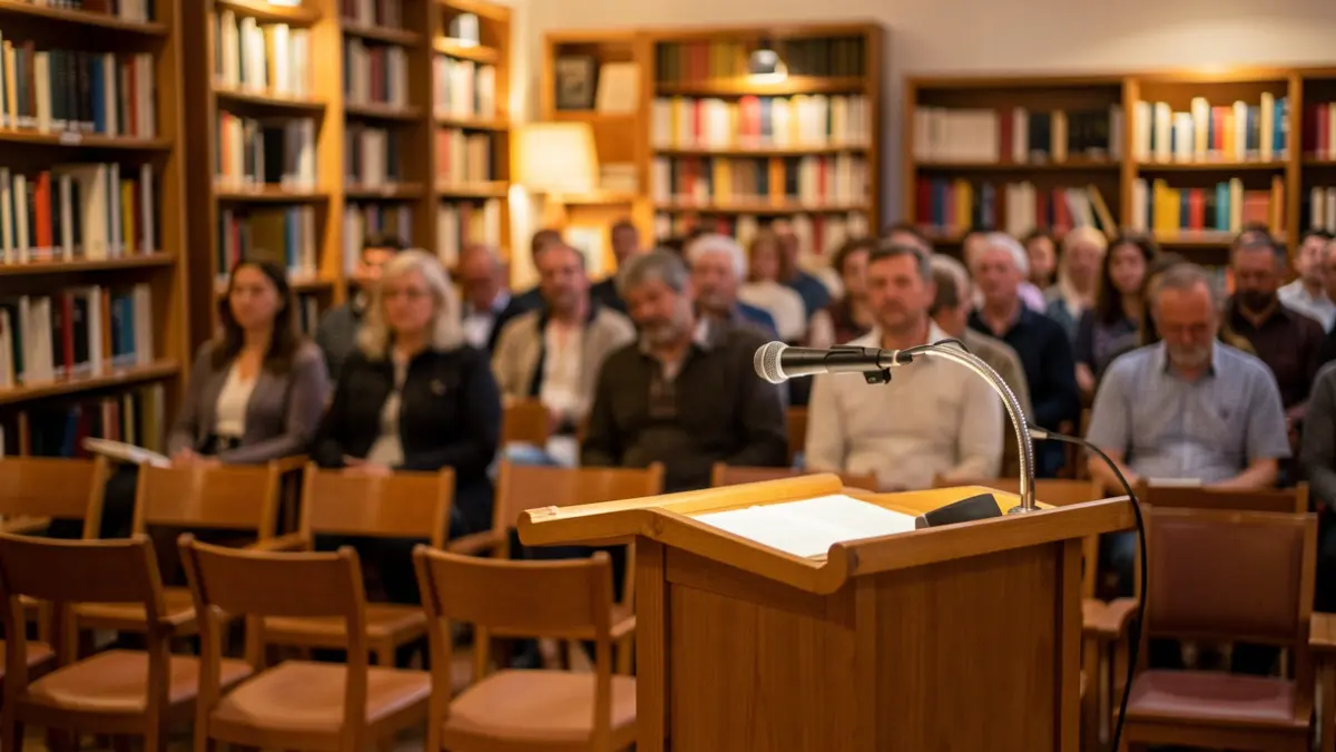 Generic image of a cultural space with a microphone and empty chairs.