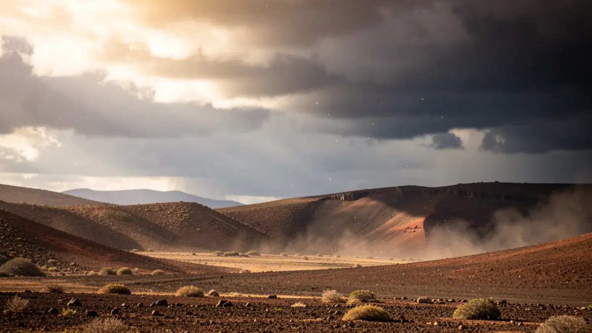 Cielo dramático sobre un paisaje volcánico en Gran Canaria, con sol intenso y nubes oscuras que anuncian calor y posible lluvia.