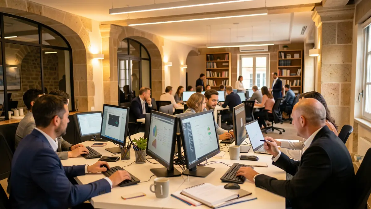 Imagen genérica de una oficina moderna con personas trabajando en tecnología y colaboración.