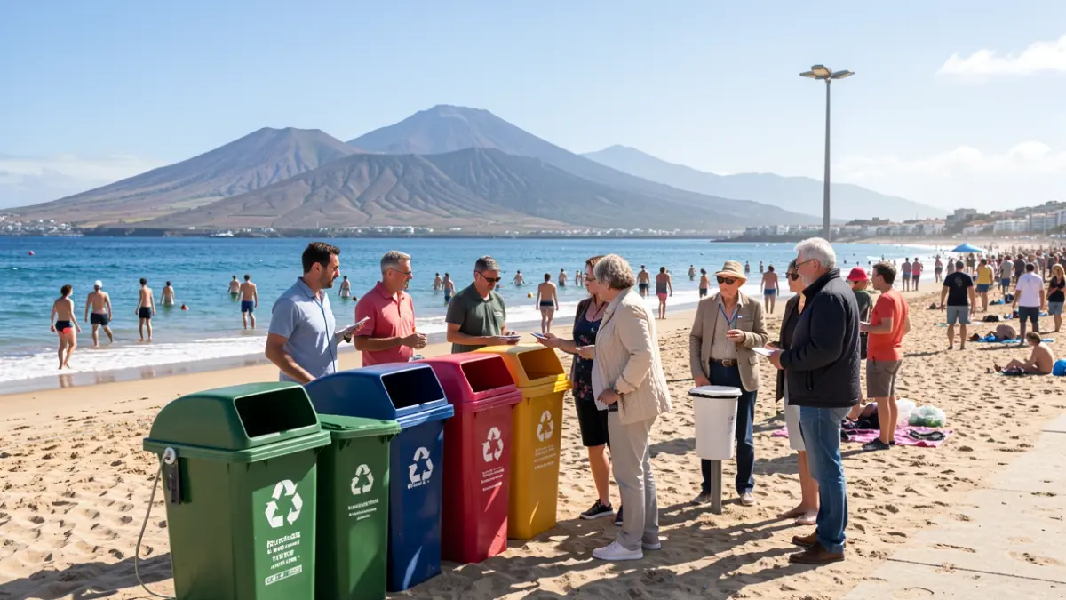 Monitores ambientales informan a bañistas en una playa de Canarias sobre el reciclaje de envases.
