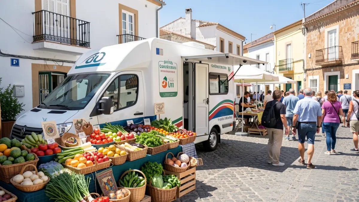 Unidad móvil de donación de sangre junto a un mercadillo de agricultores y artesanía en Canarias.