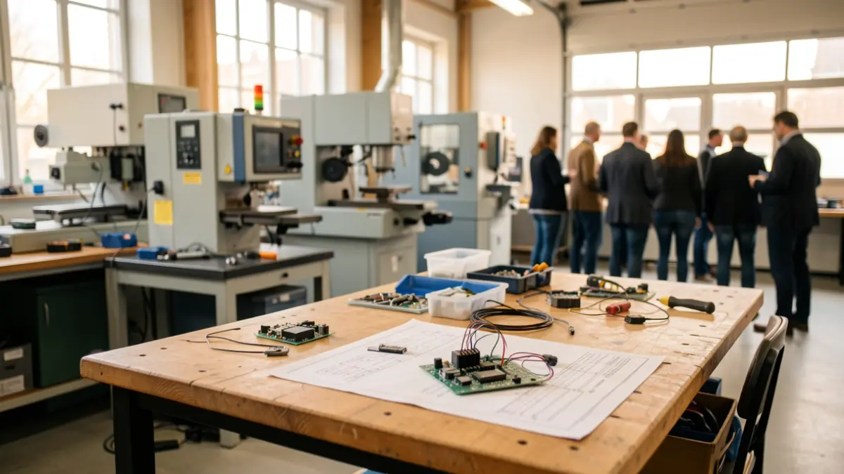 Generic image of a vocational training workshop with industrial machinery and electronic components.